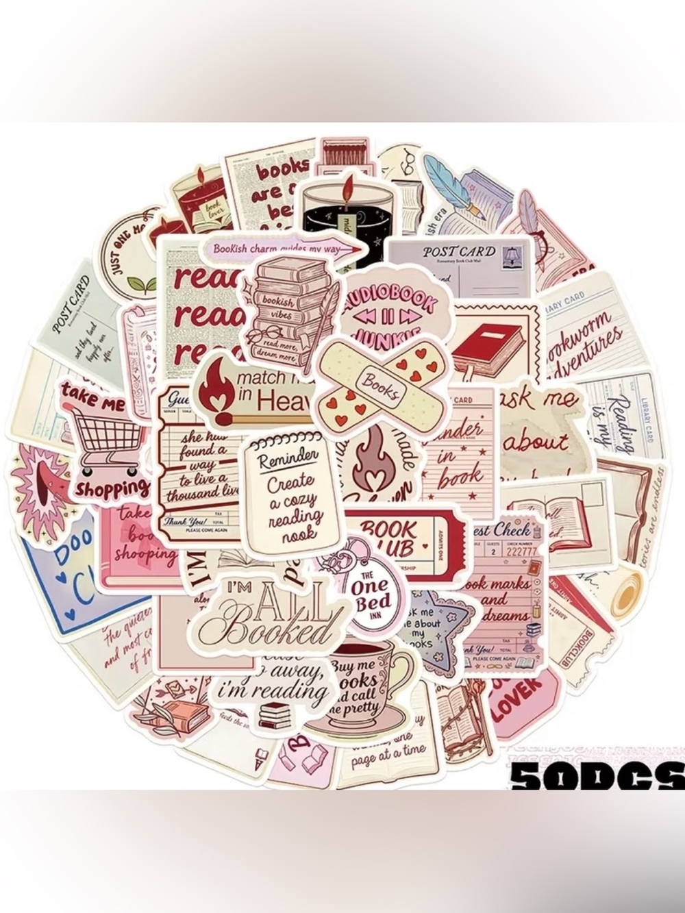 50 Bookish Sticker Pack - Cozy Reading Aesthetic (Pink, Cream, Red)